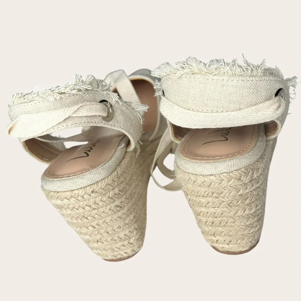 Lulus Elsinore Linen Lace-Up Espadrille Wedges Beige Closed‎ Toe 7.5 NWOT